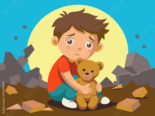 Crying child with teddy bear sits in rubble, surrounded by debris, expressing deep emotion against a flat minimal background with bold colors and striking visual impact