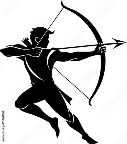 Vector silhouette of an archer pulling back a bow, tense posture with white background.