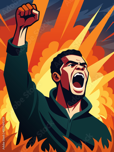 Man screaming into the sky with raised fist, surrounded by vibrant flames and dynamic colors, stylized protest poster vector illustration with copy space for messaging