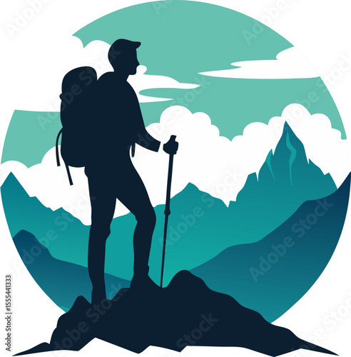 Vector silhouette of a hiker with backpack on mountain summit with white background.