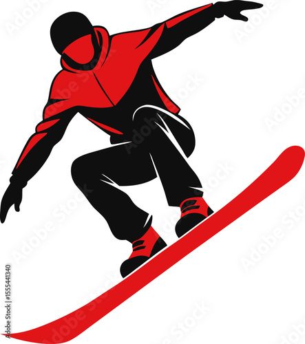 Vector silhouette of a snowboarder in the air doing a trick with white background.