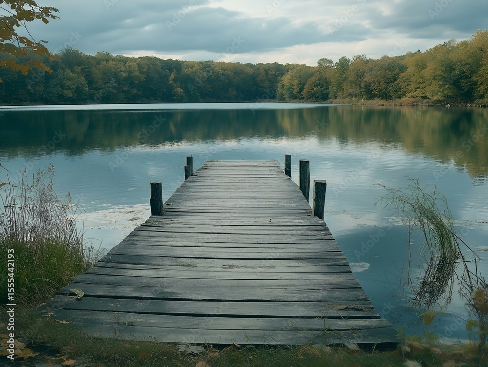 Fototapeta premium wooden pier on a lake, calm water, reflections, trees, autumn colors