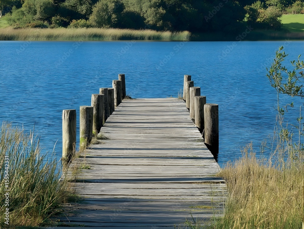 Fototapeta premium wooden pier on lake, calm water, reflections, trees, sunny day, tranquil scene