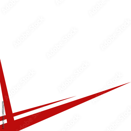 An abstract design featuring sharp, angular red lines originating from the bottom and left edges, extending towards the center of a predominantly white background.