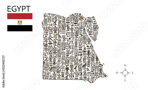 Egypt map outline filled with hieroglyphs on white background