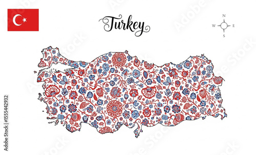 Floral decorative map of Turkey with flag on white background