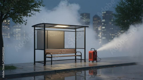 Disinfecting Bus Stop with Fogging Machine at Dusk Cityscape