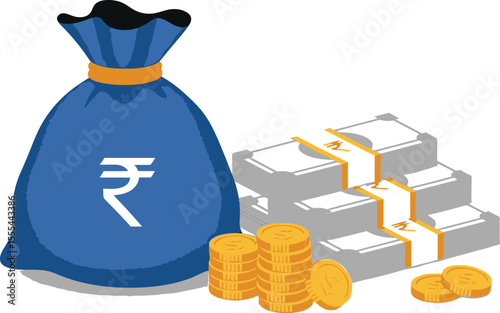 Blue money bag with rupee symbol and stacks of cash and gold coins on a white background illustration