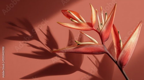 Red And Orange Heliconia Flower With Shadow On Terracotta Background