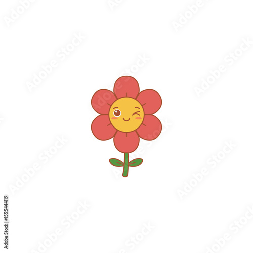 An icon of a red flower winking with one eye, symbolizing playfulness, mischief, and a friendly, knowing demeanor.