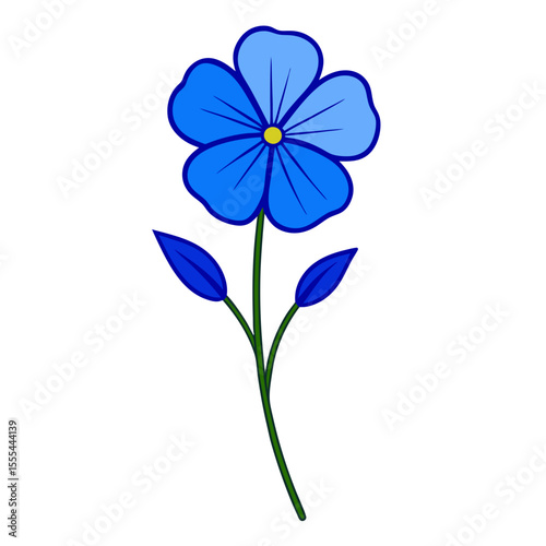 Simple Blue Flower with Green Stem and Leaves Illustration