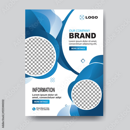 Modern abstract flyer template with flowing blue shapes and placeholders for images, ideal for business and corporate information.