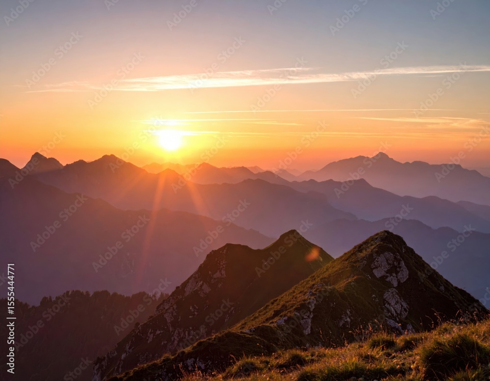 Obraz premium Mountain sunrise over peaks with warm colors lighting the sky