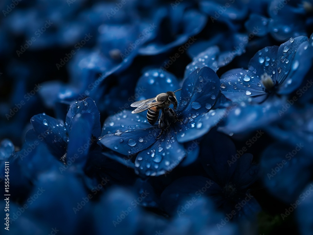 Obraz premium dark blue hydrangea flowers with water droplets, soft lighting