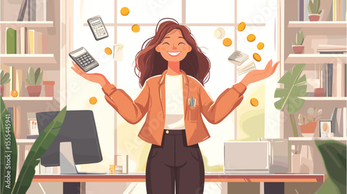 Young woman with calculator and money flat vector design