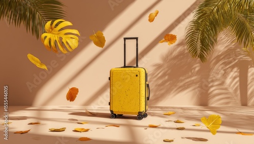 Sunny Yellow Suitcase Amidst Tropical Foliage Serenity
