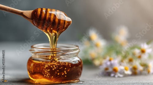 Golden Honey Drizzles from Dipper into Jar