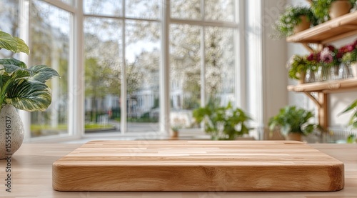 Wooden Board on Kitchen Counter with Plants