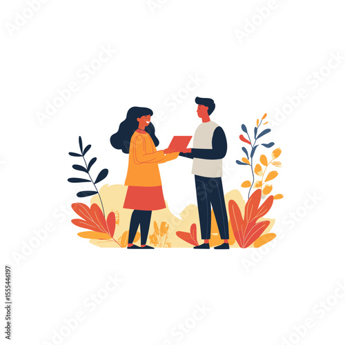 Young students helping each other flat vector design