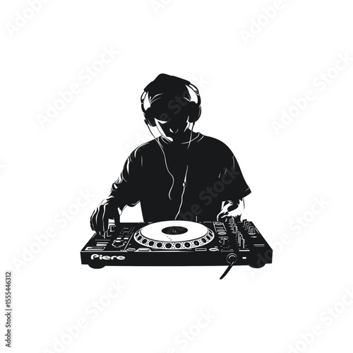 DJ with machine silhouette flat vector design