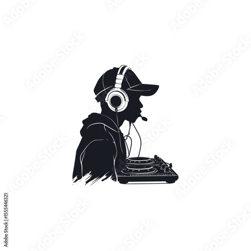 DJ with machine silhouette flat vector design