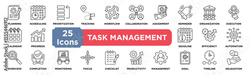 Task Management icon collection set. Containing planning,scheduling,prioritization,tracking,workflow,deadline,assignment,reminder,organization,execution icon. Simple line vector.
