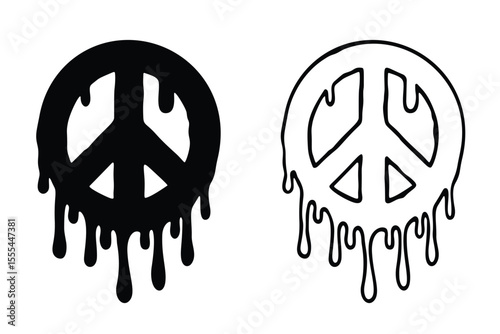 Melting peace symbol in black and white style representing anti war message and lost harmony
