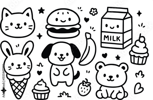Cute Animal and Food Doodle Illustration – Hand Drawn Kawaii Vector Design
