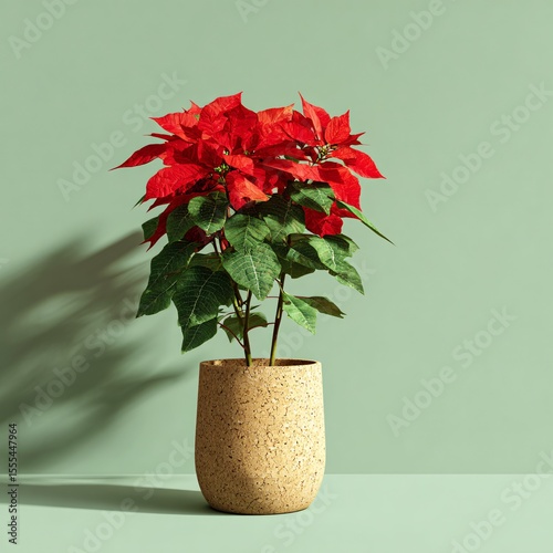 Festive poinsettia radiates vibrant color against soft minimalist backdrop