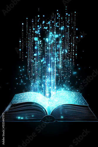 Wallpaper Mural An open book emanating a cascade of glowing digital symbols against a dark backdrop Torontodigital.ca
