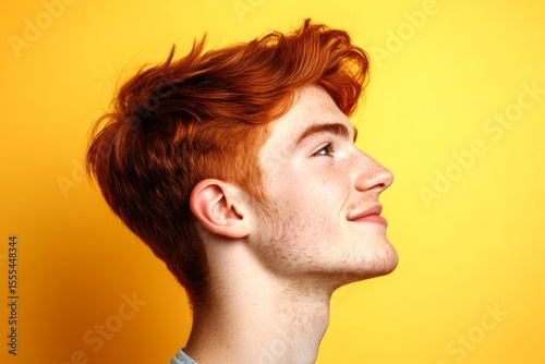 Fashionable men's crew cut haircut - midlife white man with red hair. Visual idea of style for aging men. Yellow solid background. A handsome man in his 40s with a radiant smile.
