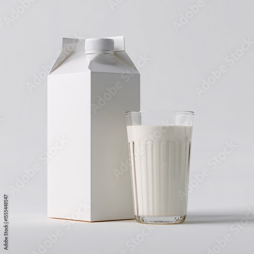 Minimalist dairy composition showcasing carton and glass against pristine background