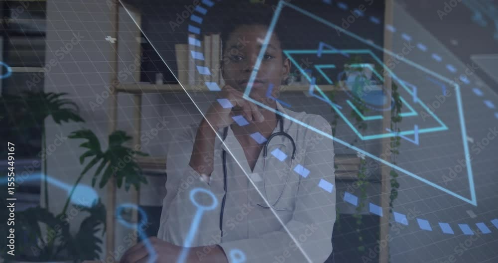Overlay fading in triggers doctor leaning forward and tapping hologram examining data for diagnosis