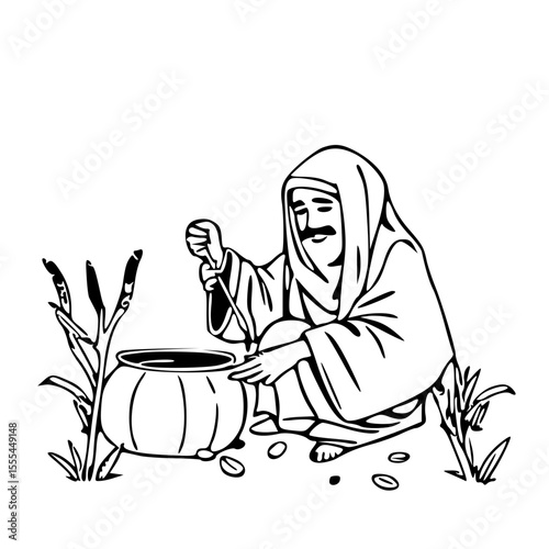 Traditional Man Stirring Pot – Black and White Vector Illustration
