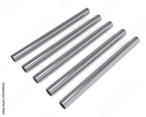 nails isolated on white. 3d render showing five shiny metal pipes arranged in parallel. Stainless steel tubes on white background, suitable for industrial or mechanical concept.