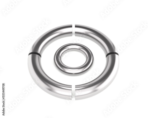 3d render of a spiral symbol. 3d render of concentric steel pipe circles with visible black joints and gaps. Modern industrial structure for construction, machinery, and architecture visuals.