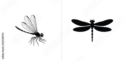Black and White Dragonflies Silhouette Detailed Side View and Top View on White Background