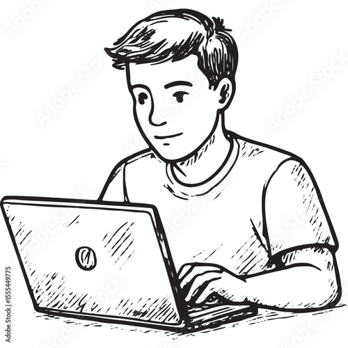 Sketch of a person working on a laptop, focused and productive