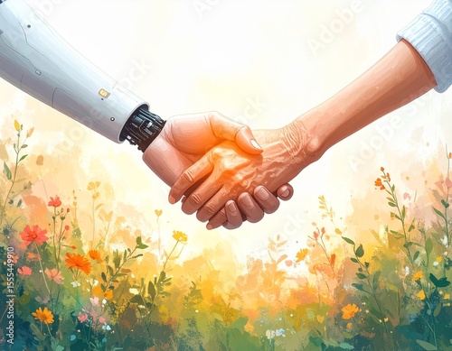 Human hand meets mechanical hand, symbolizes AI-humanity collaboration in a vibrant, nature-inspired setting.