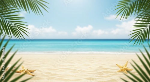 Idyllic tropical beach scene with turquoise water and lush palm fronds framing the horizon