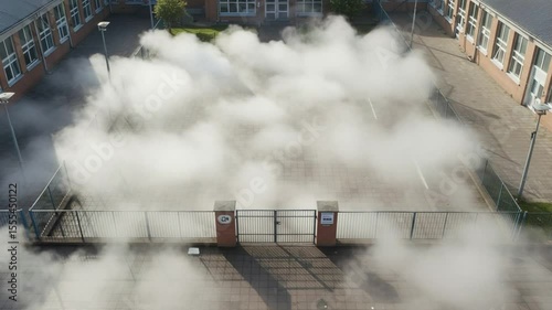 Smoke Filling Schoolyard Aerial View