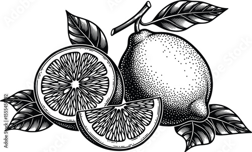 Detailed engraving style illustration of whole and sliced lemons with leaves on a white background