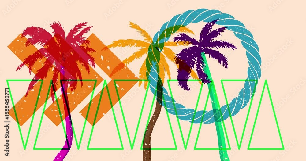 Risograph Palm Tree with geometric shapes animation. Moving object in trendy riso graph design video.