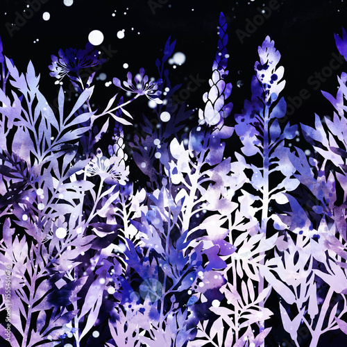 Meadow wild flowers silhouettes. Floral seamless border. Hand drawn endless motif in watercolour and digital. Mixed media botanical design for textile, fabric, packaging, decoupage, prints, souvenirs.