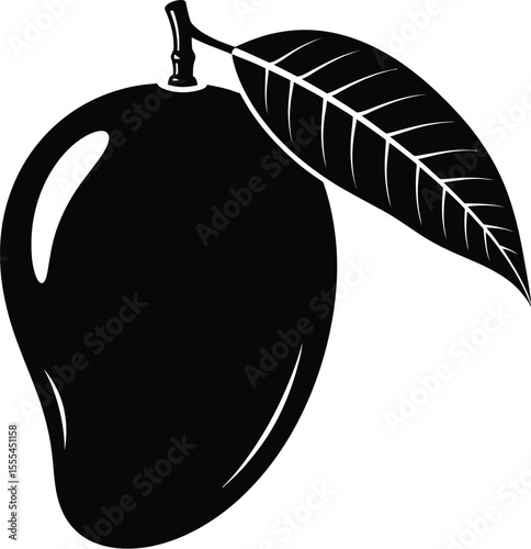 Black and white illustration of a mango with a leaf attached on a white background simple design