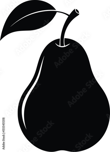 A black silhouette of a pear with a leaf and stem on a white background in a simple graphic style
