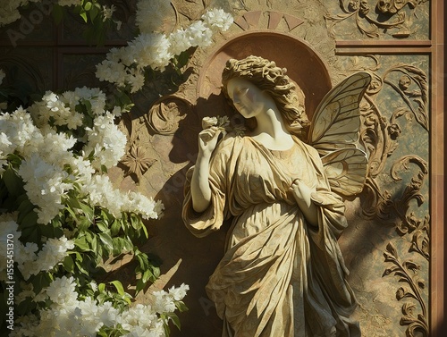 bas relief sculpture angel wings classical style beige tones detailed carving ornate background