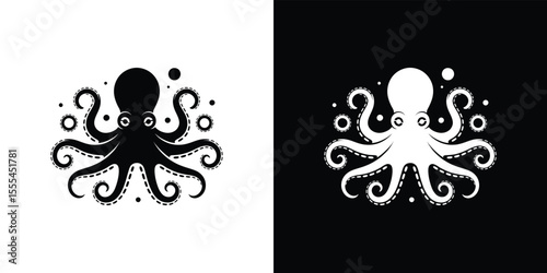 Black and White Octopus Illustration Symmetrical Design with Eight Tentacles and Circular Elements
