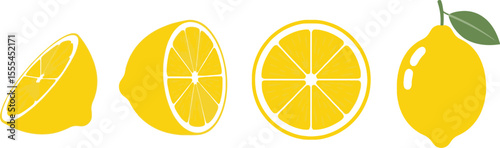 Illustration of four lemons in different cuts and positions on a plain white background art