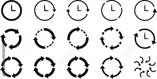 Collection of black and white circular icons representing time and rotation on a white background